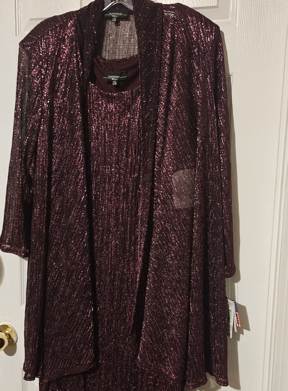 R&M Richards Metallic Berry Dress Ensembke W/ Open-Front Blazer in Deep Burgundy